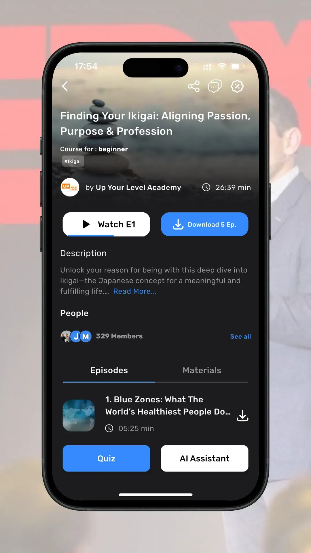 Mobile app interface showing Ikigai course details